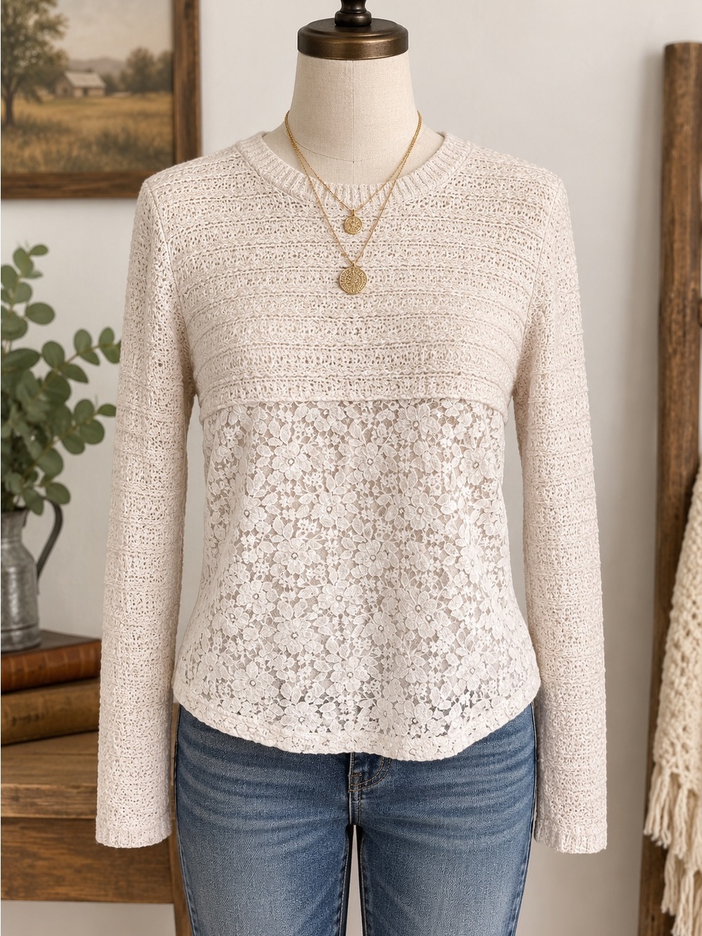 Abercrombie & Fitch Girls Cream Lace-Front Crewneck Sweater